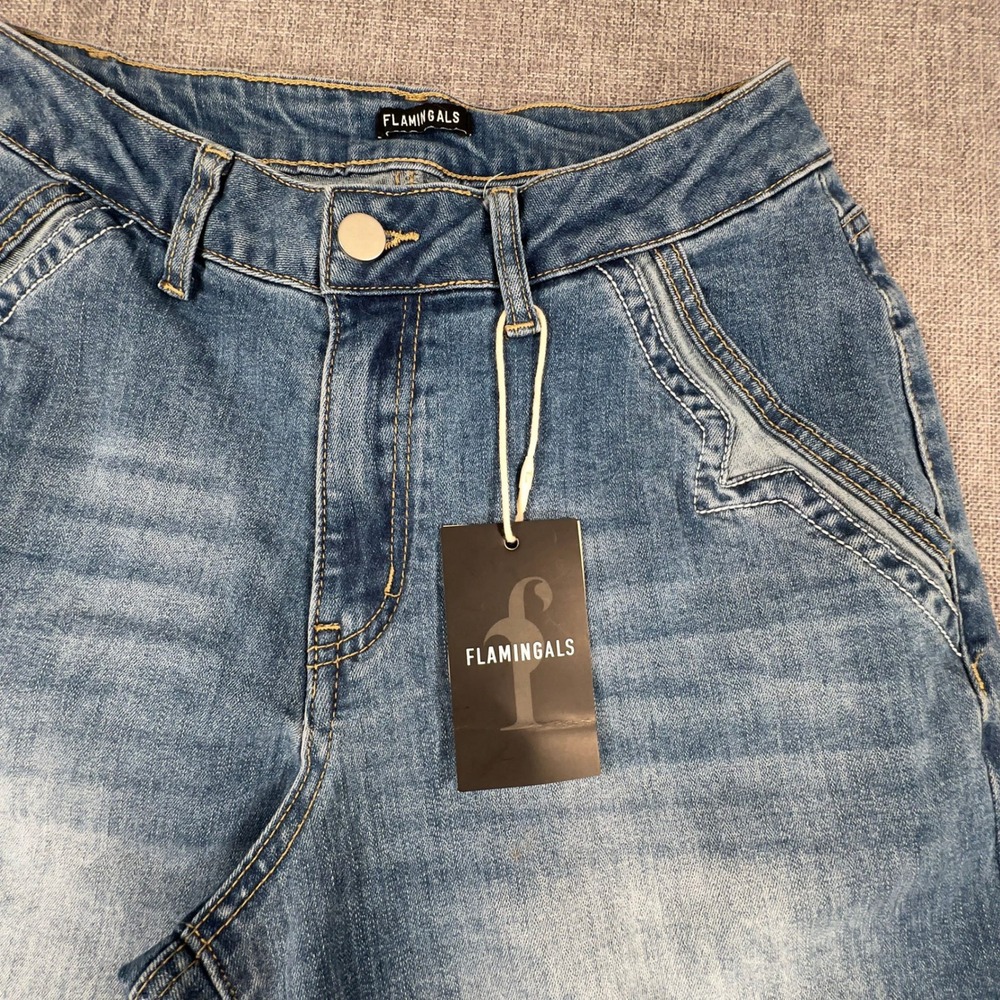 Flamingals Wide Leg Mid Waist Baggy Jeans Womens XS Blue Stitch Detail Y2K NEW - Picture 6 of 12